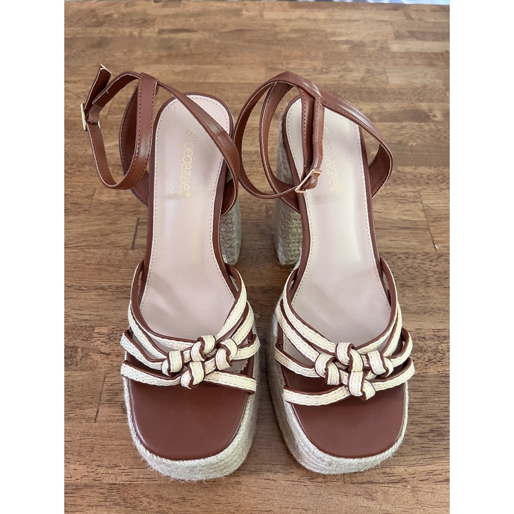 Shoedazzle Christa Brown Tan Espadrille Platform Block Heel Sandals Womens 9